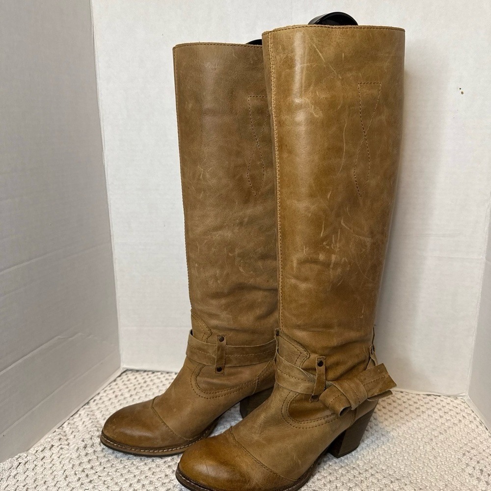 Sixtyseven Tall Boots Womens 37 Tan Leather Distressed Knee High Bow Spain